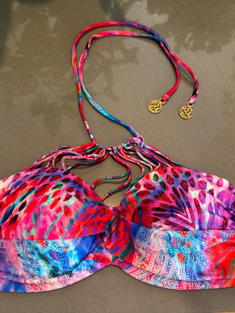 Luli Fama Multicolor Red Pink Blue Patterned Bikini Top